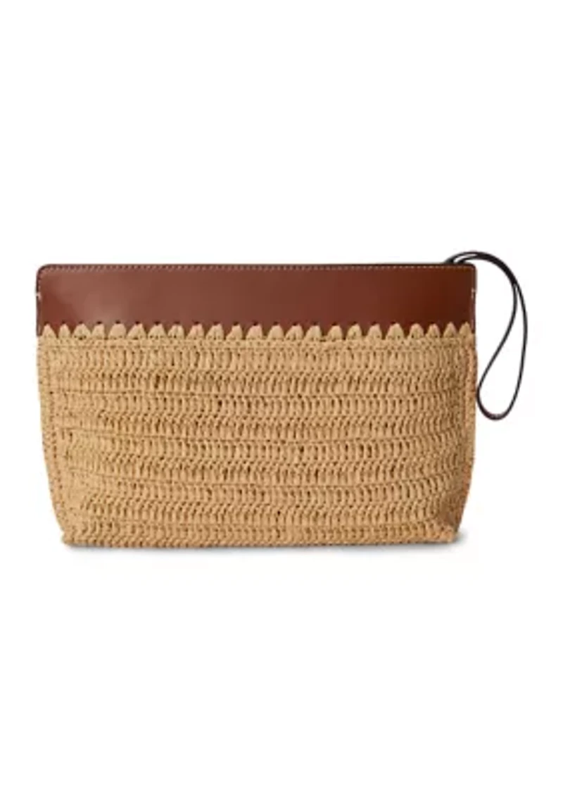 Leather-Trim Crocheted Straw Large Pouch