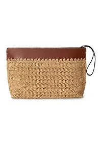 Leather-Trim Crocheted Straw Large Pouch