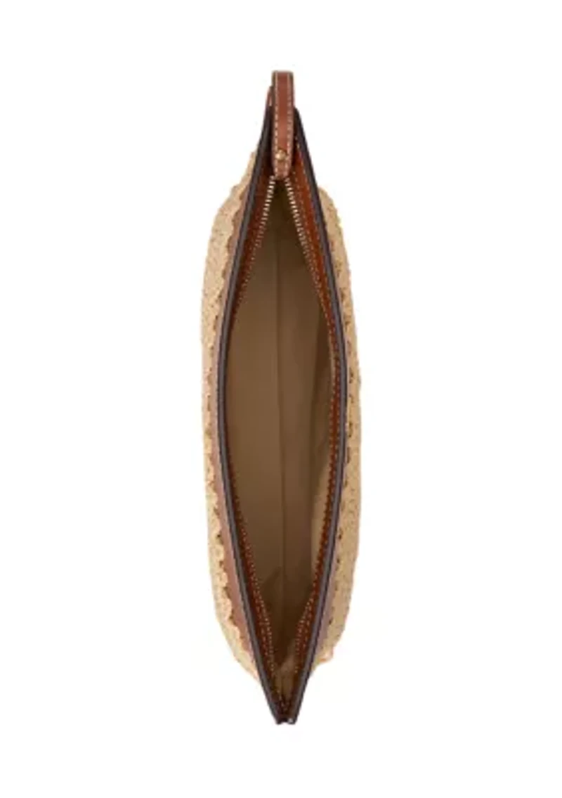 Leather-Trim Crocheted Straw Large Pouch