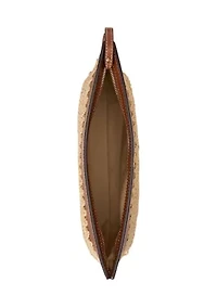 Leather-Trim Crocheted Straw Large Pouch