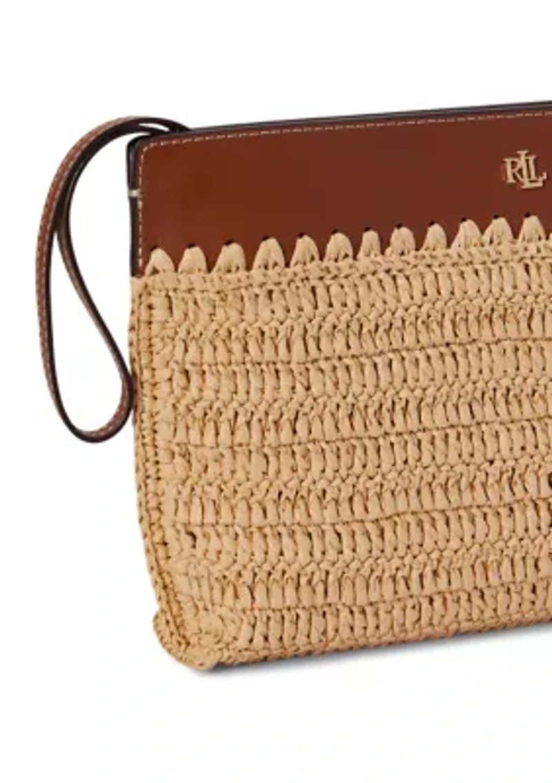 Leather-Trim Crocheted Straw Large Pouch