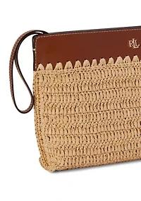 Leather-Trim Crocheted Straw Large Pouch