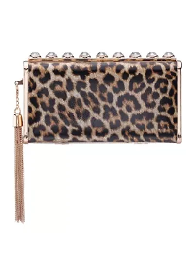 Animal Print Crystal Ornamented Minaudiere with Tassel 