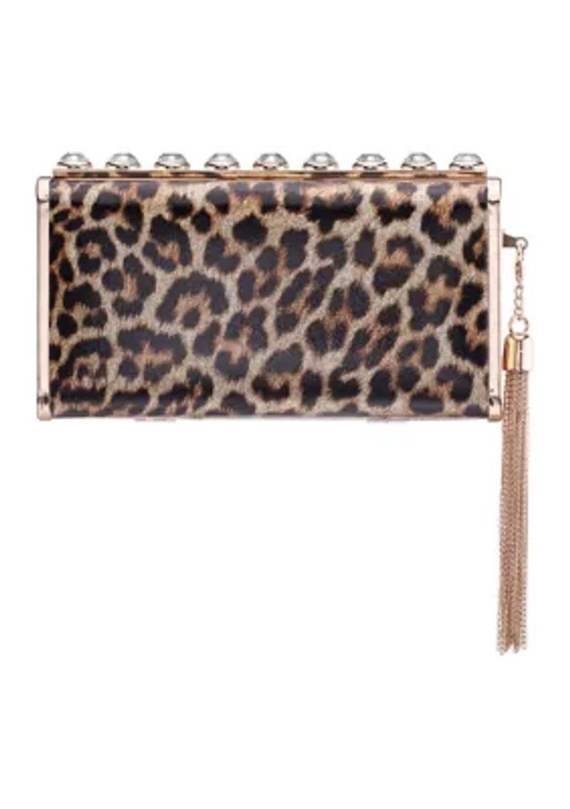 Animal Print Crystal Ornamented Minaudiere with Tassel 