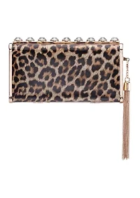 Animal Print Crystal Ornamented Minaudiere with Tassel 
