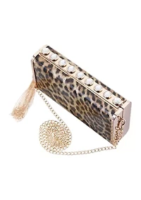 Animal Print Crystal Ornamented Minaudiere with Tassel 