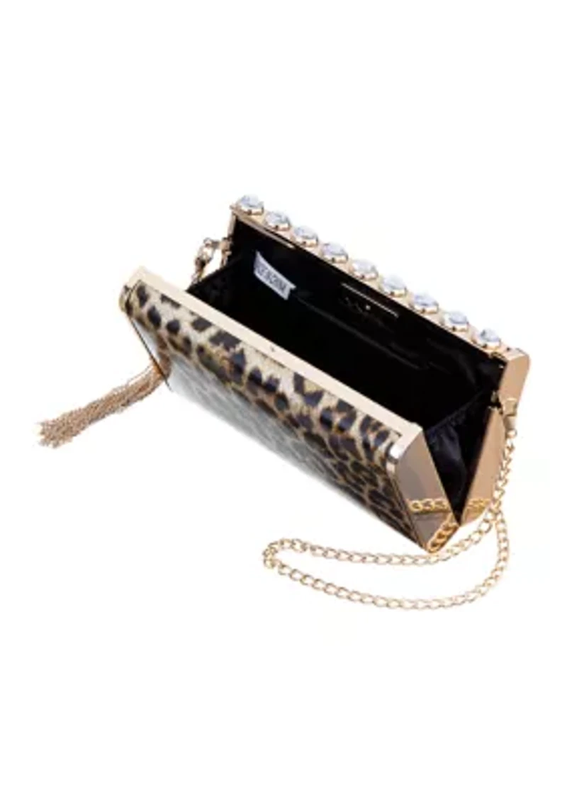 Animal Print Crystal Ornamented Minaudiere with Tassel 