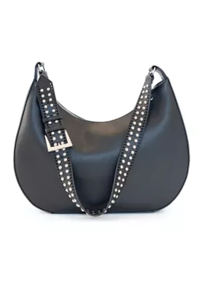 Studded Laser Cut Crescent Shaped Messenger Bag