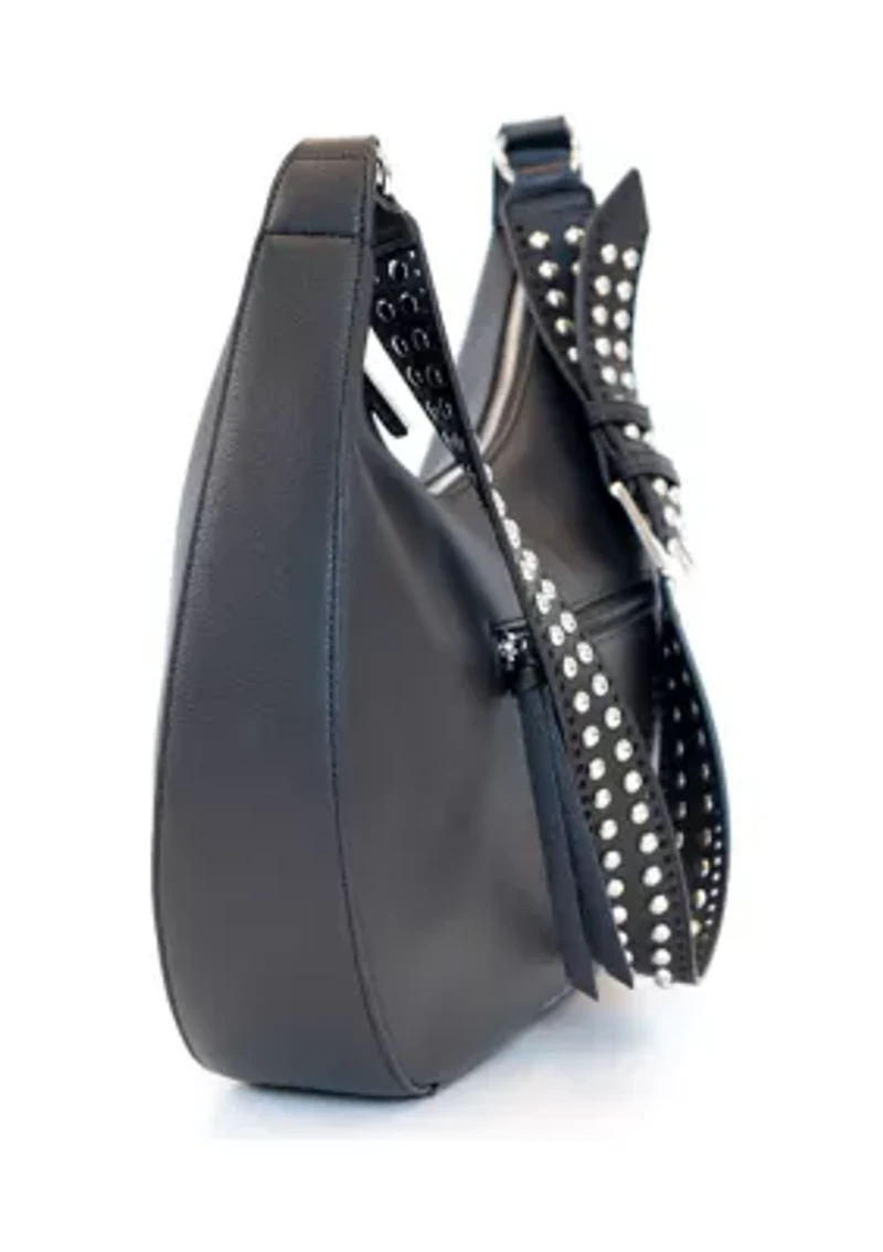 Studded Laser Cut Crescent Shaped Messenger Bag
