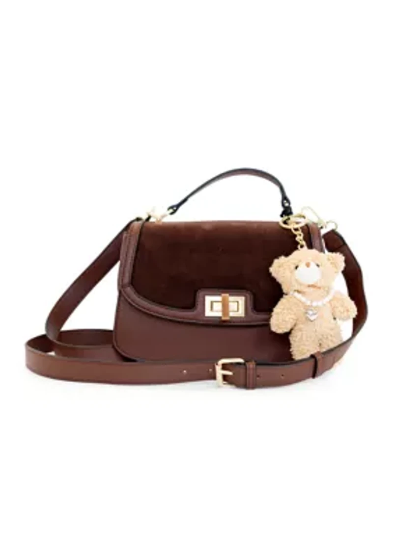 Turnlock Flap Top Handle Sued Crossbody with Charm