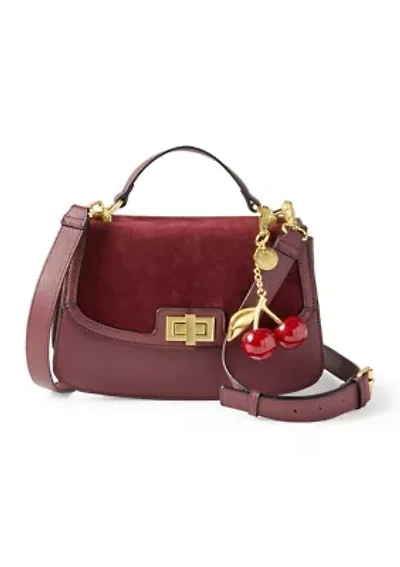 Turnlock Flap Top Handle Sueded Crossbody with Charm