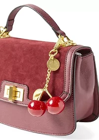 Turnlock Flap Top Handle Sueded Crossbody with Charm