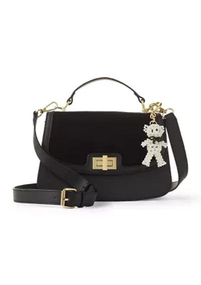 Turnlock Flap Top Handle Suede Crossbody with Charm