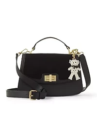Turnlock Flap Top Handle Suede Crossbody with Charm