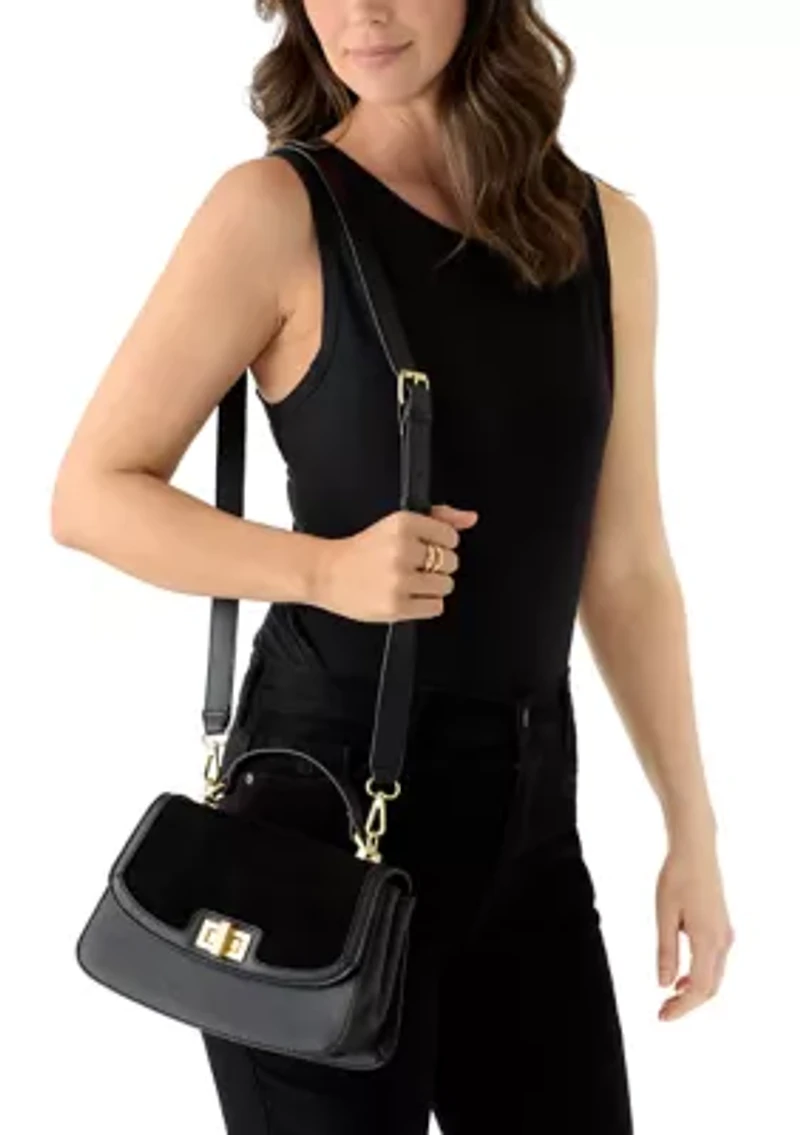 Turnlock Flap Top Handle Suede Crossbody with Charm
