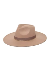 Faux Felt Fedora with Grosgrain Band and Gold Chain Trim