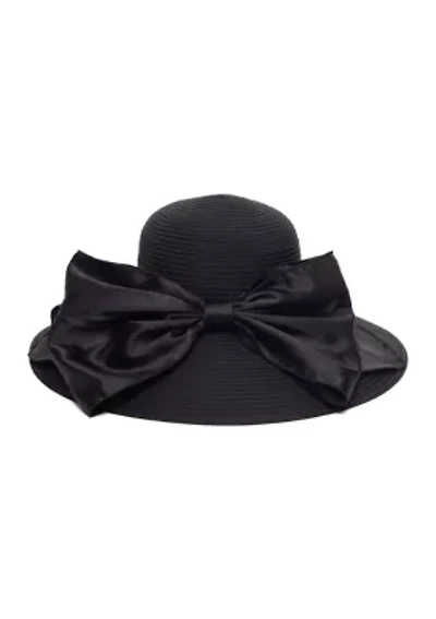 Wide Brim Braid Hat with Oversized Satin Bow