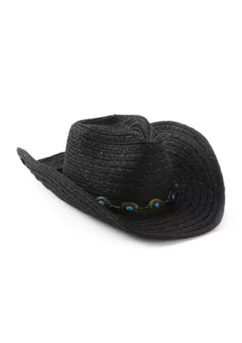 Women's Pinch Crown Paperbraid Cowboy Hat with Antique Brass Concho Band