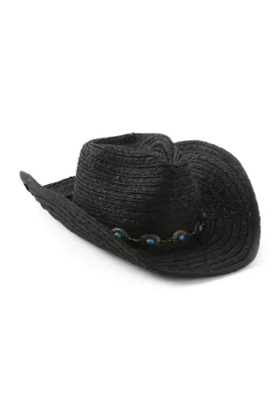 Women's Pinch Crown Paperbraid Cowboy Hat with Antique Brass Concho Band