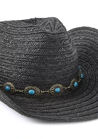 Women's Pinch Crown Paperbraid Cowboy Hat with Antique Brass Concho Band