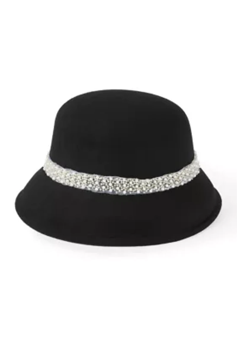Faux Felt Cloche Hat with Tonal Pearl Band
