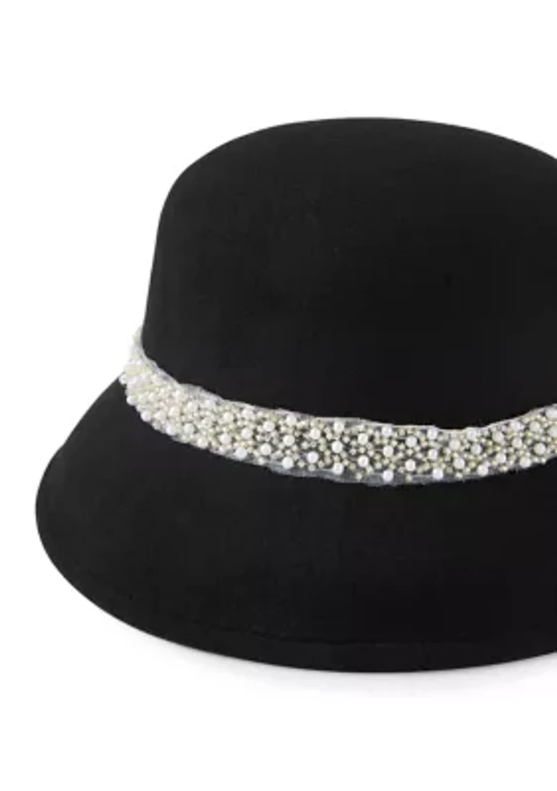 Faux Felt Cloche Hat with Tonal Pearl Band