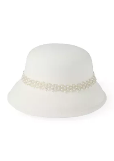 Faux Felt Cloche Hat with Tonal Pearl Band