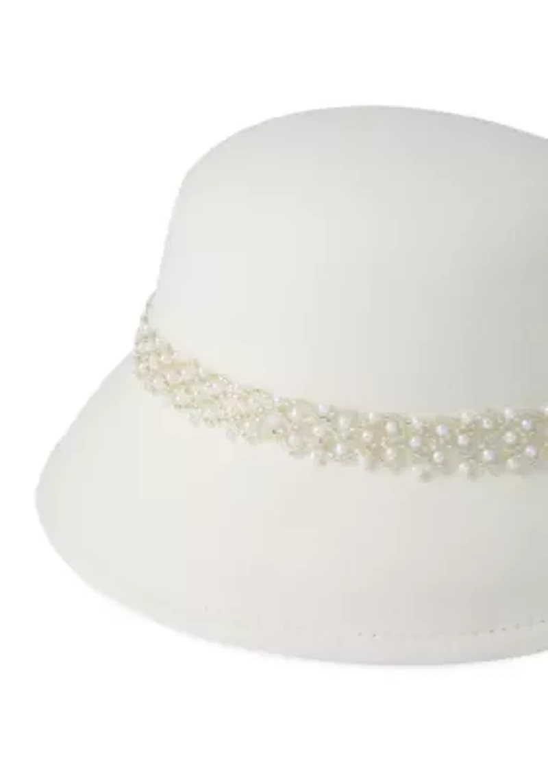 Faux Felt Cloche Hat with Tonal Pearl Band