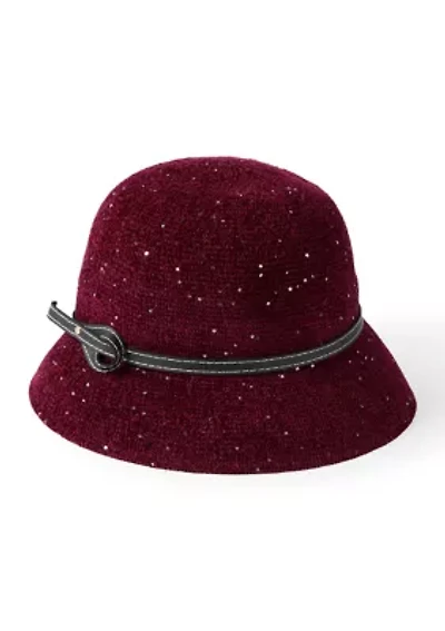 Knit Sequin Cloche Hat with Faux Leather Band