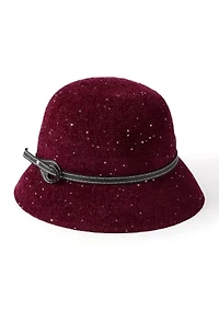 Knit Sequin Cloche Hat with Faux Leather Band