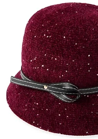 Knit Sequin Cloche Hat with Faux Leather Band