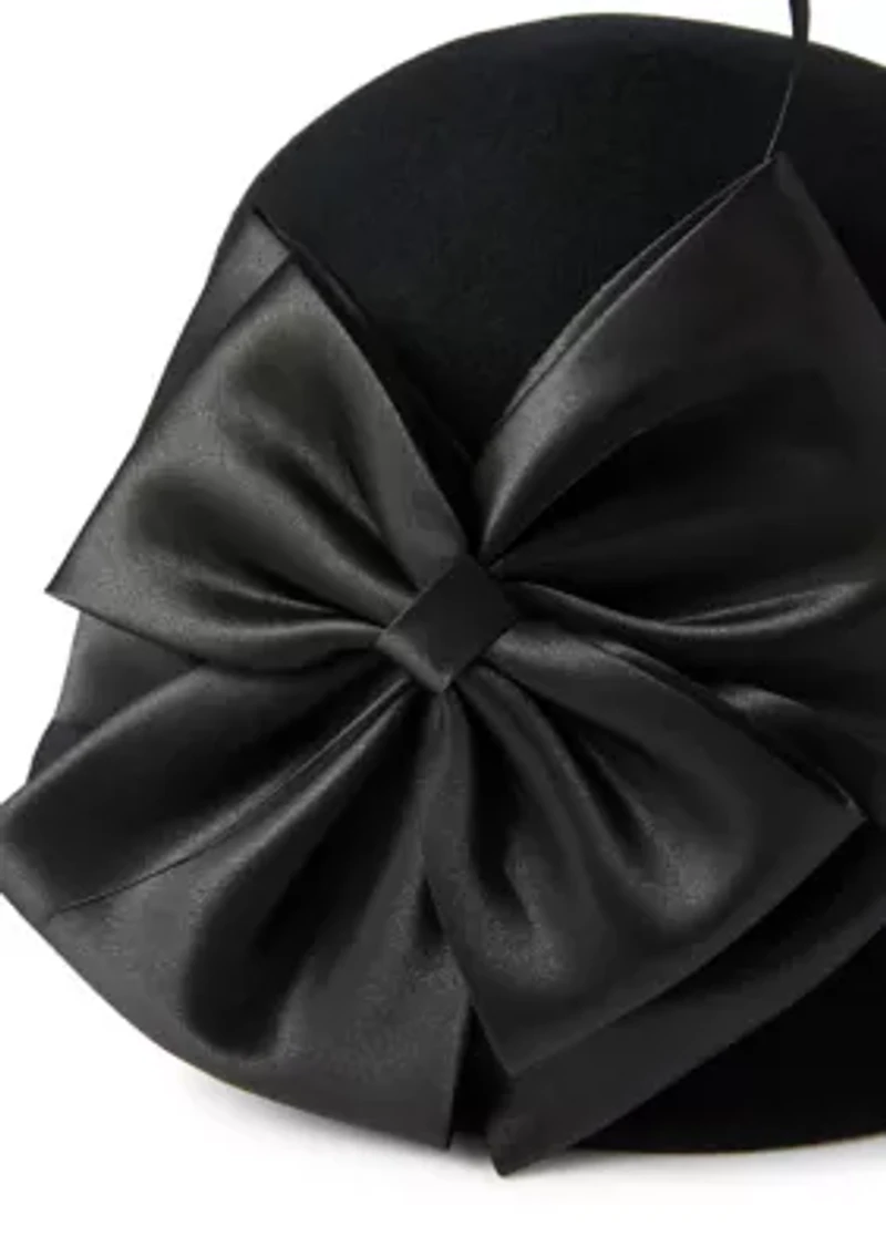 Wool Felt Bucket with Satin Bow and Feather Trim Details