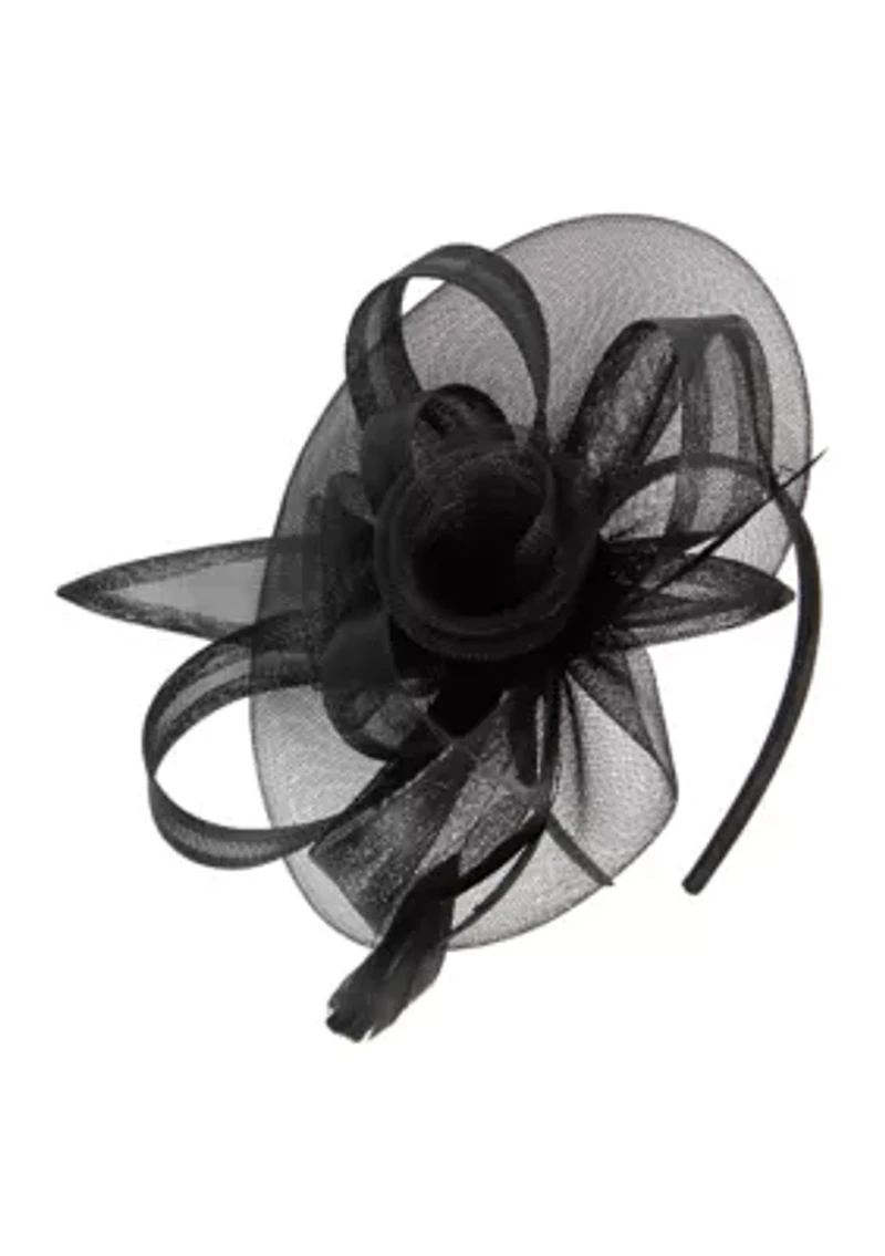 Mesh Disc Fascinator Hat with Bow and Feathers