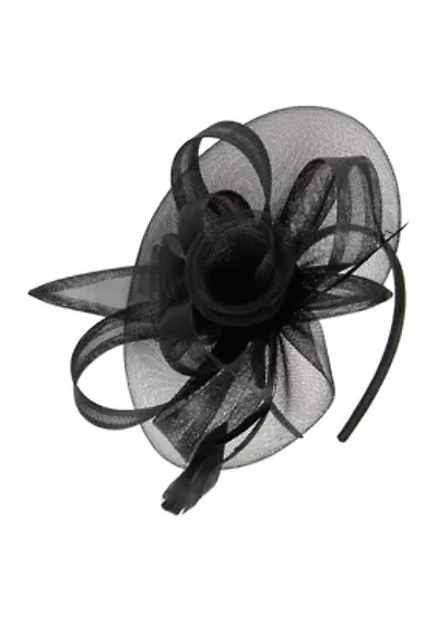 Mesh Disc Fascinator Hat with Bow and Feathers
