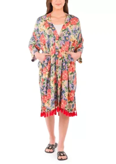 Ruana Cover‑Up with Tassels - French Hydrangeas