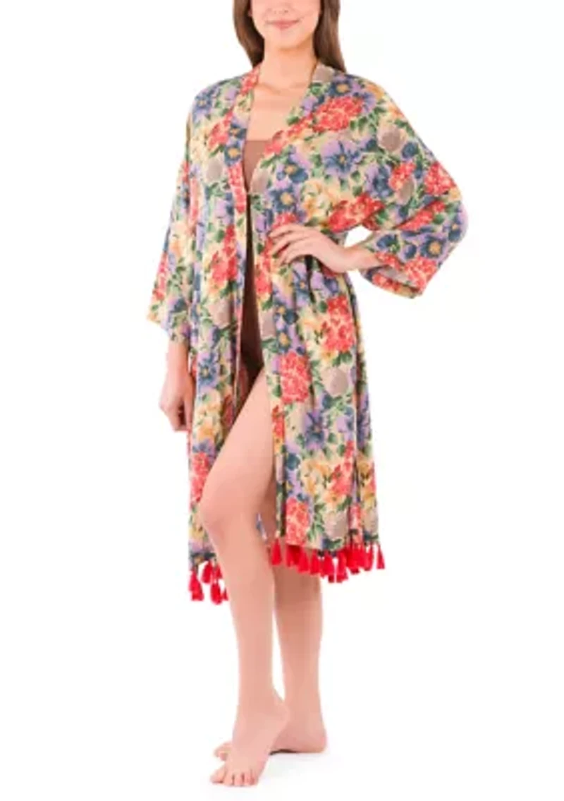 Ruana Cover‑Up with Tassels - French Hydrangeas