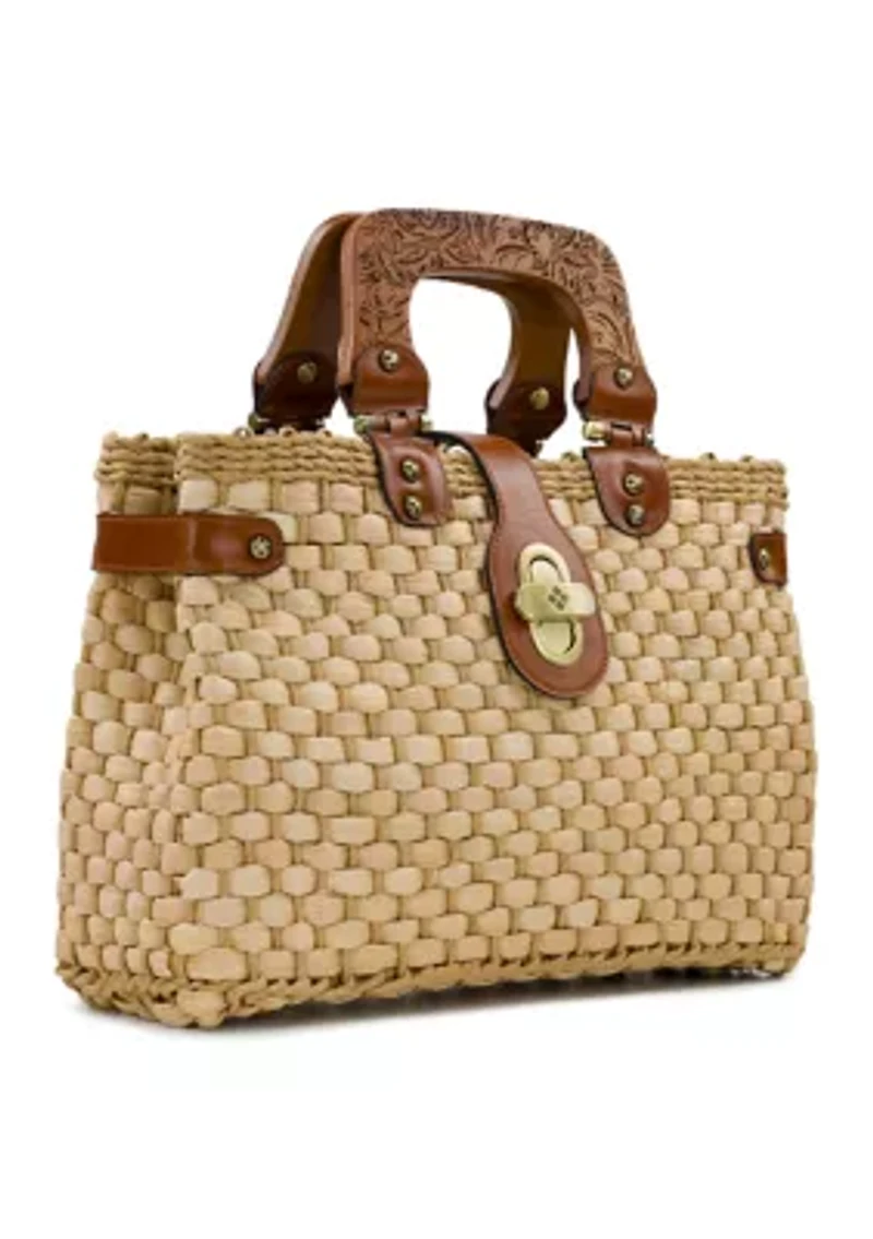 Sancia Small Wood Handle Weave Basket Satchel