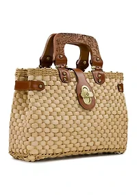 Sancia Small Wood Handle Weave Basket Satchel