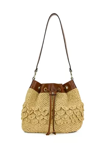 Belamy Scalloped Raffia Drawstring Bucket Bag 