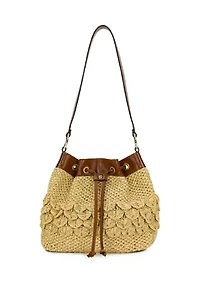 Belamy Scalloped Raffia Drawstring Bucket Bag 