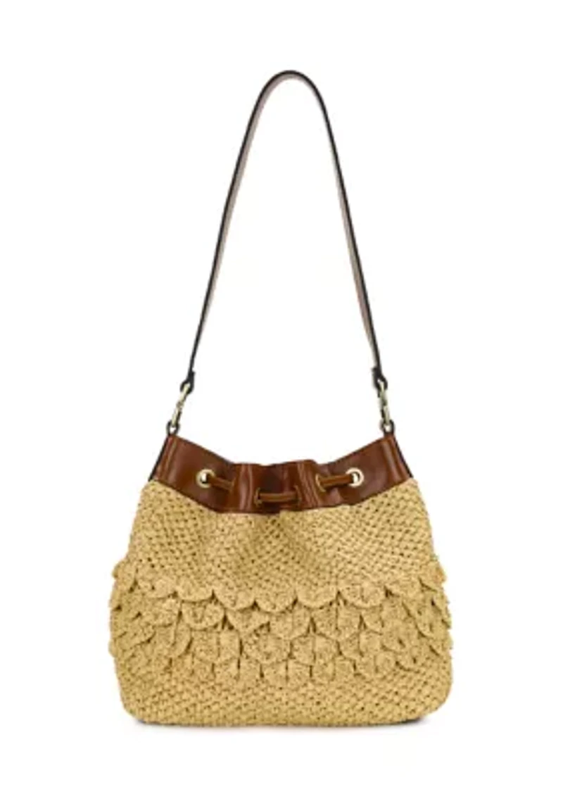 Belamy Scalloped Raffia Drawstring Bucket Bag 