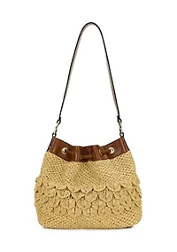 Belamy Scalloped Raffia Drawstring Bucket Bag 