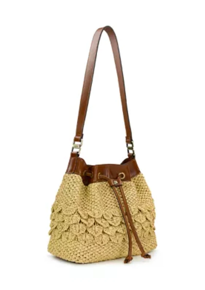 Belamy Scalloped Raffia Drawstring Bucket Bag 