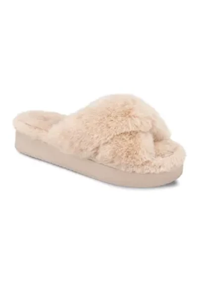 Plush Cross Band Platform Slide Slippers