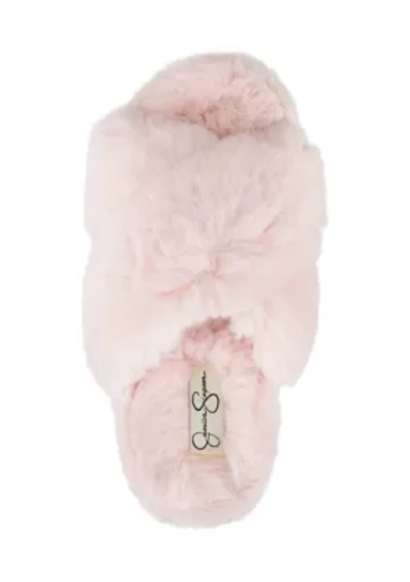Plush Cross Band Platform Slide Slippers
