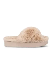 Plush Cross Band Platform Slide Slippers