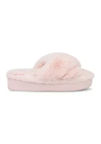 Plush Cross Band Platform Slide Slippers