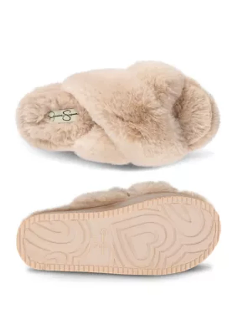 Plush Cross Band Platform Slide Slippers