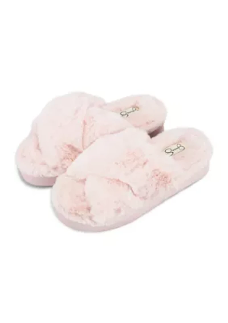 Plush Cross Band Platform Slide Slippers