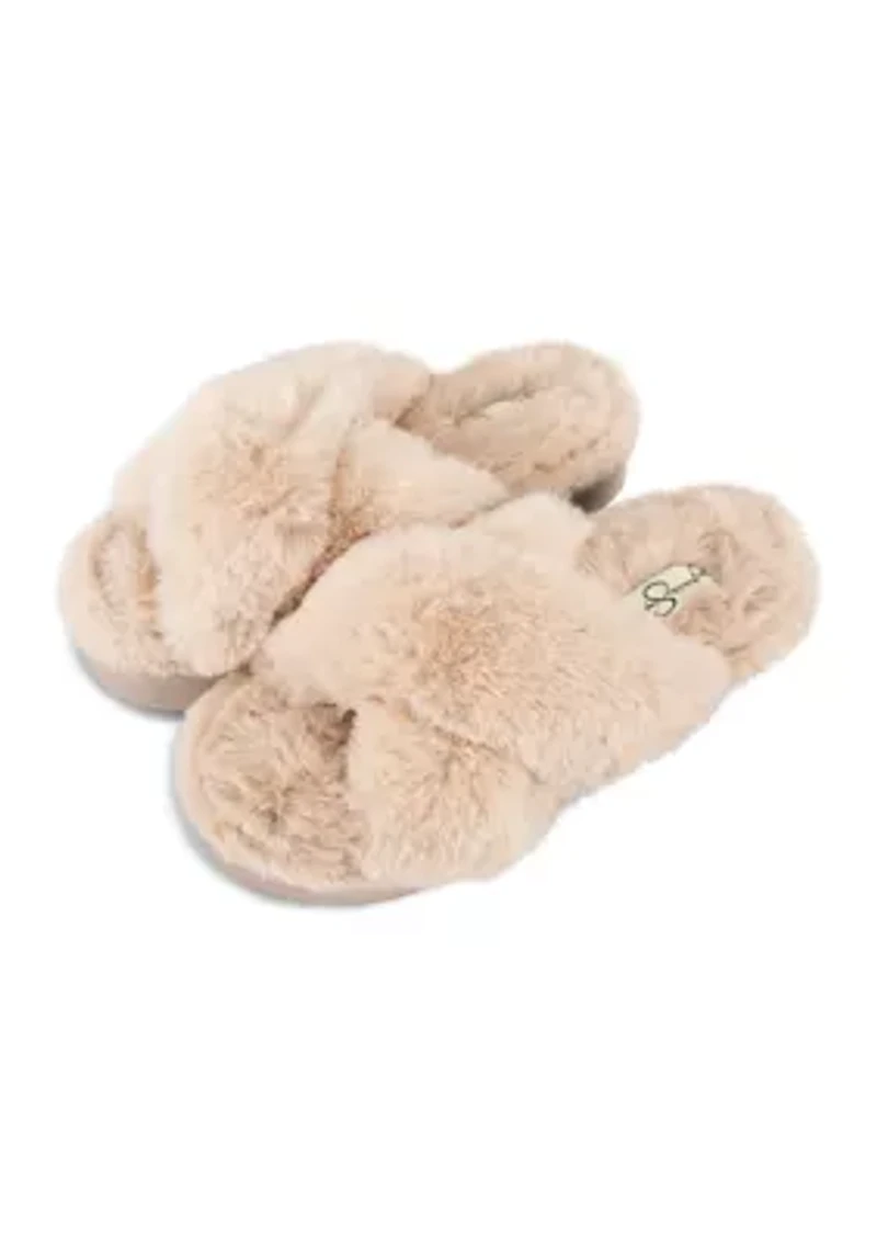 Plush Cross Band Platform Slide Slippers